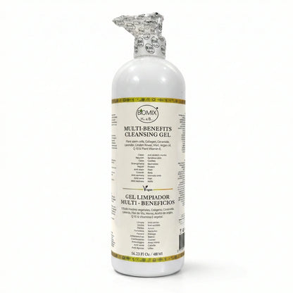 BIOMIX Gel Limpiador Multi- Beneficios 15 en 1, Células Madre Vegetales, Potenciador de Colágeno vegetal, Ceramida de Arroz, Aceite de Argán, Q10 vegetal, Vitamina E, Manteca de Karité, Jojoba, Extracto de Lavanda y más 480ml/16.23 Fl.Oz.