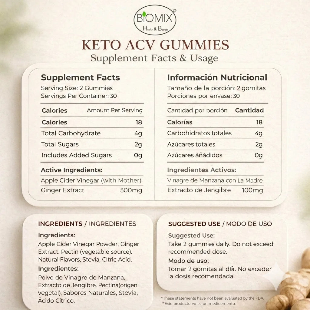 Gomitas Keto Adelgazantes Detox de Vinagre de Sidra de Manzana con la Madre Sin gluten, Veganas 30 Servicios