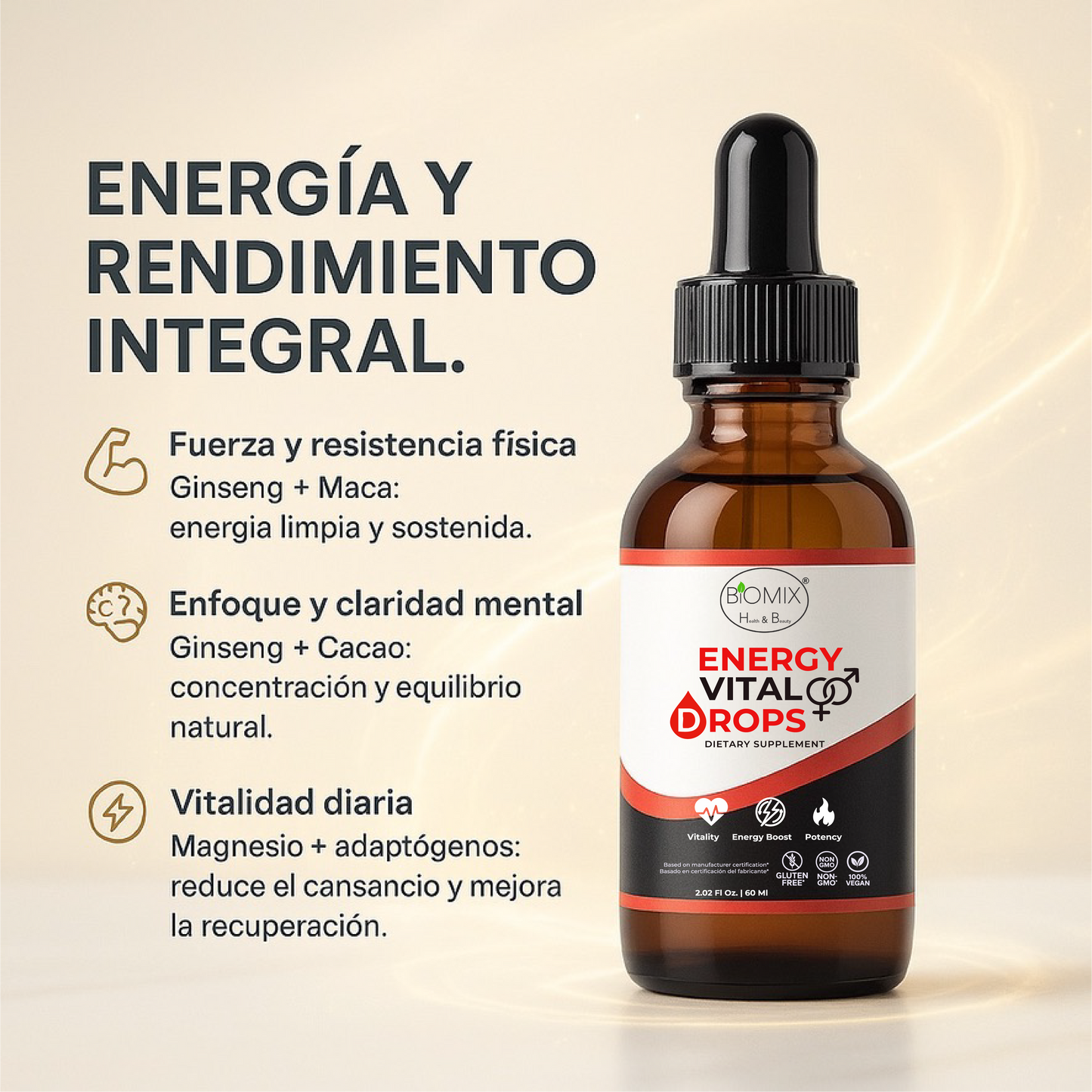 Gotas Energy Vital para Energía, Potencia sexual, Vitalidad 100% Veganas y Naturales, Sin azúcar Añadida, Energía Total, Deseo Intensificado y Bienestar Hormonal en Fórmula Líquida Premium,