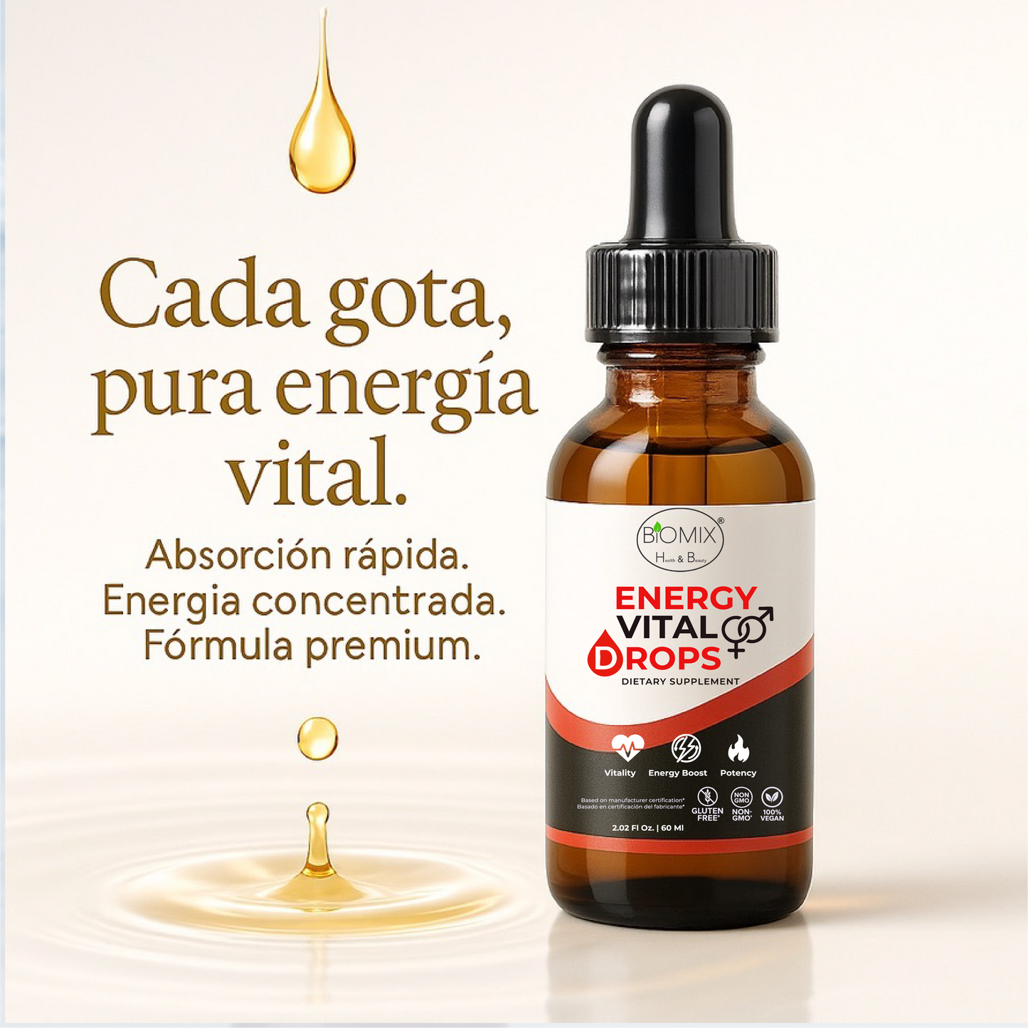 Gotas Energy Vital para Energía, Potencia sexual, Vitalidad 100% Veganas y Naturales, Sin azúcar Añadida, Energía Total, Deseo Intensificado y Bienestar Hormonal en Fórmula Líquida Premium,