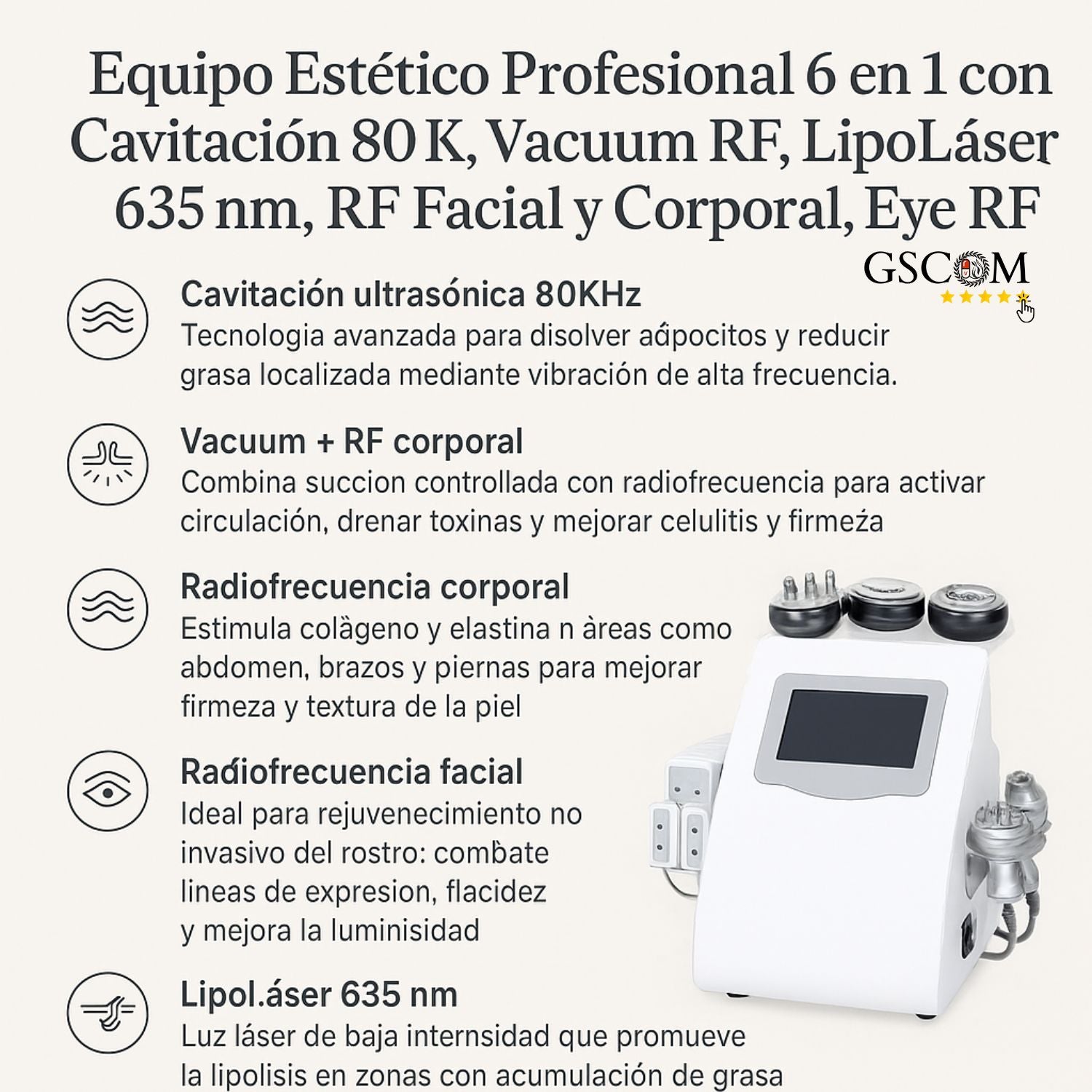Equipo Estético Profesional 6 en 1 con Cavitación 80K, Vacuum RF, LipoLáser 635 nm, RF Facial y Corporal, Ojos RF
