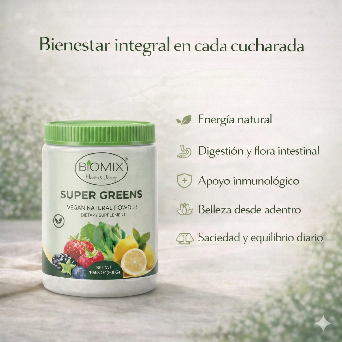 Super Greens Superfood Powder with Probiotics, Antioxidants, Fiber, and Enzymes for Making Sugar-Free and Gluten-Free Shakes (60 Servings)