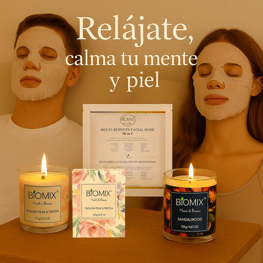 Premium Spa Set: 2 Candles with Sandalwood and Freesia Essential Oils + 4 15-in-1 Masks with Stem Cells, Collagen, Argan, and Ceramides | Vegan