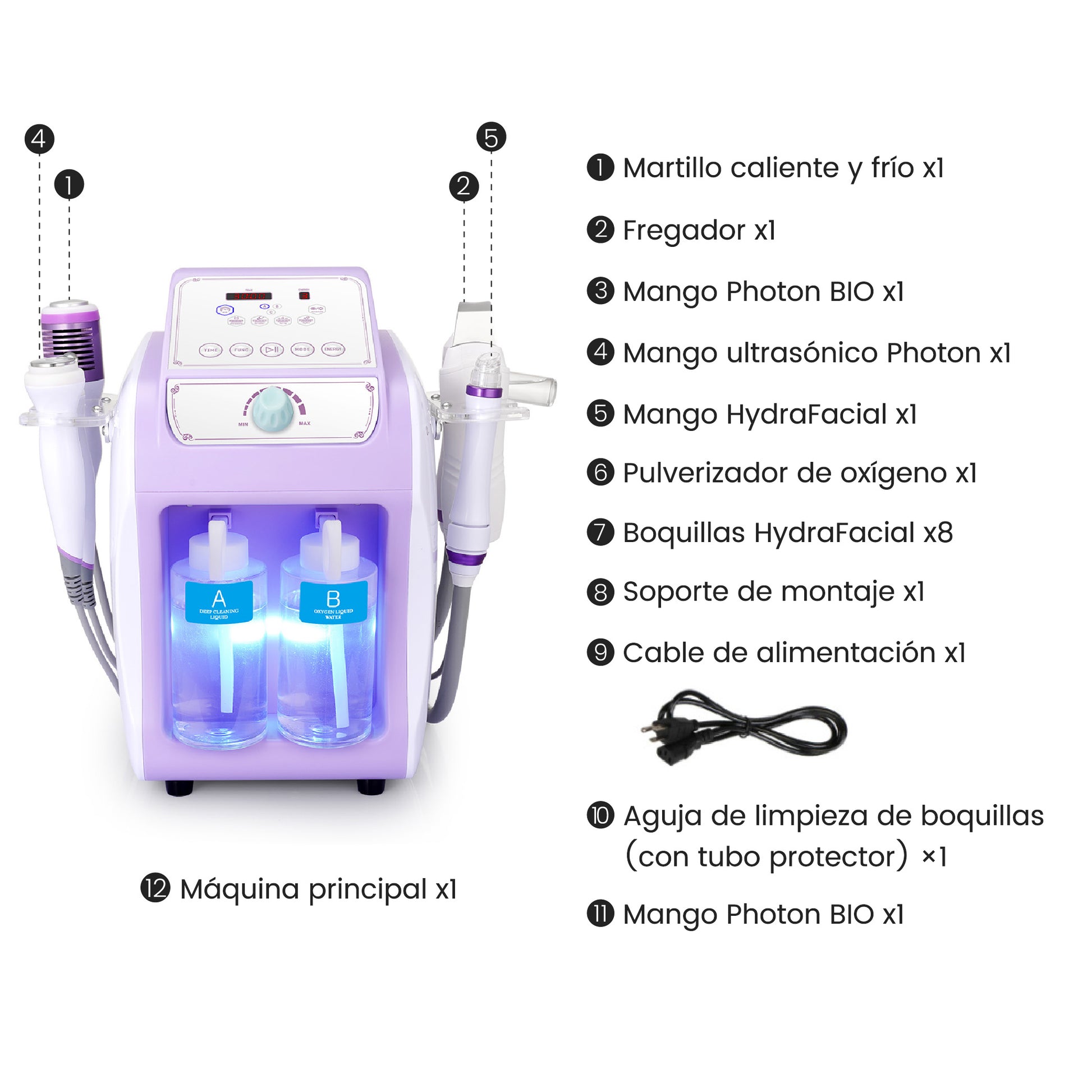 Equipo Profesional de Limpieza Facial 6 en 1  Hydrodermoabrasión, Peeling Ultrasónico, Martillo Frío-Calor, BIO, Spray Atomizador y Radiofrecuencia Facial Reafirmante
