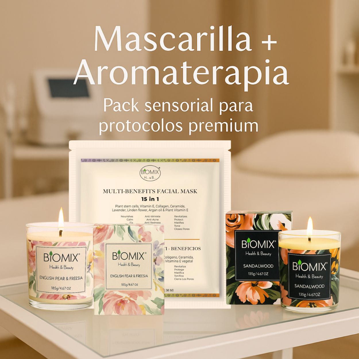 Premium Spa Set: 2 Candles with Sandalwood and Freesia Essential Oils + 4 15-in-1 Masks with Stem Cells, Collagen, Argan, and Ceramides | Vegan