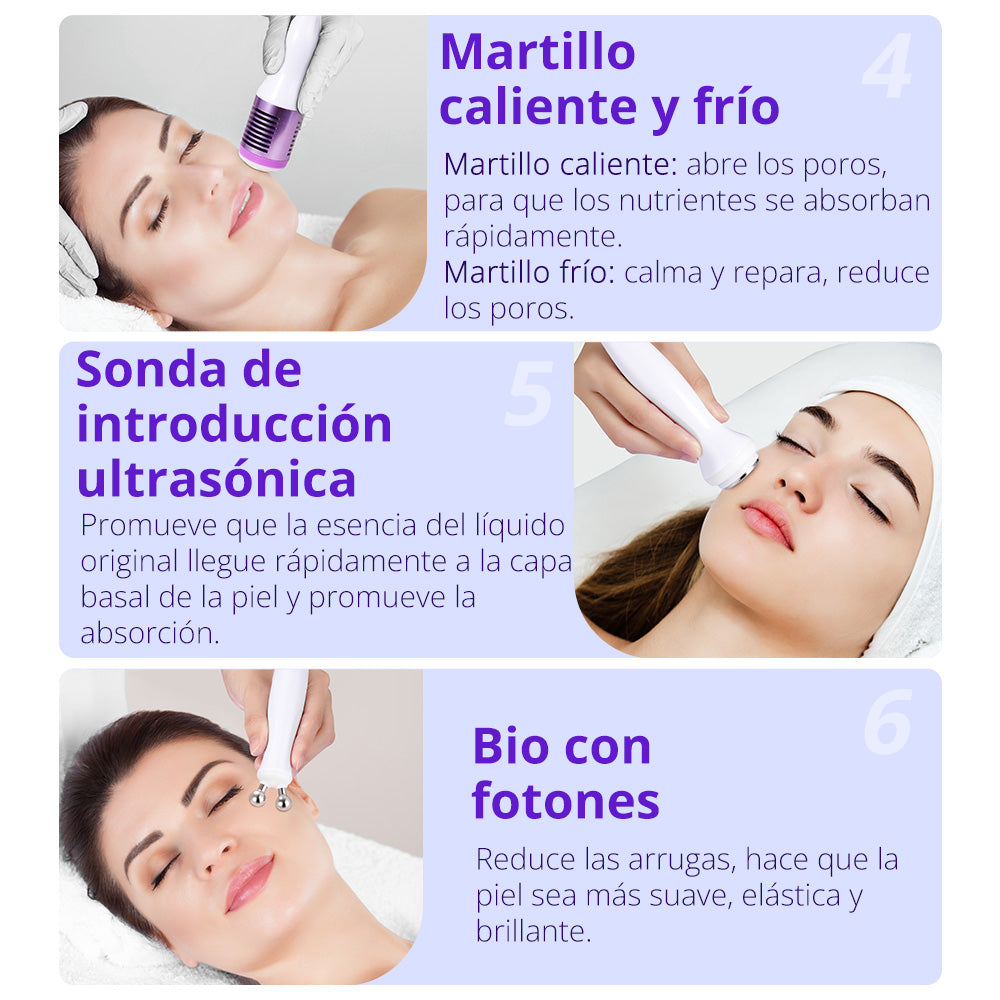 Equipo Profesional de Limpieza Facial 6 en 1  Hydrodermoabrasión, Peeling Ultrasónico, Martillo Frío-Calor, BIO, Spray Atomizador y Radiofrecuencia Facial Reafirmante