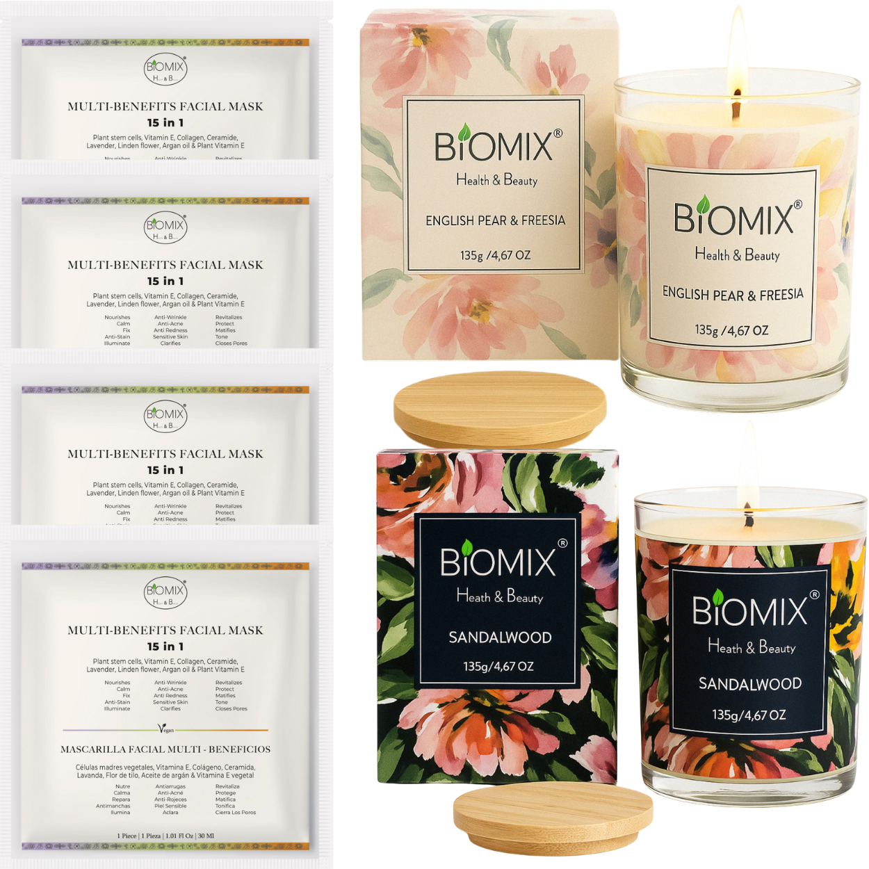 Premium Spa Set: 2 Candles with Sandalwood and Freesia Essential Oils + 4 15-in-1 Masks with Stem Cells, Collagen, Argan, and Ceramides | Vegan