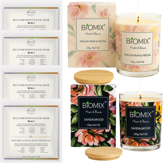 Premium Spa Set: 2 Candles with Sandalwood and Freesia Essential Oils + 4 15-in-1 Masks with Stem Cells, Collagen, Argan, and Ceramides | Vegan