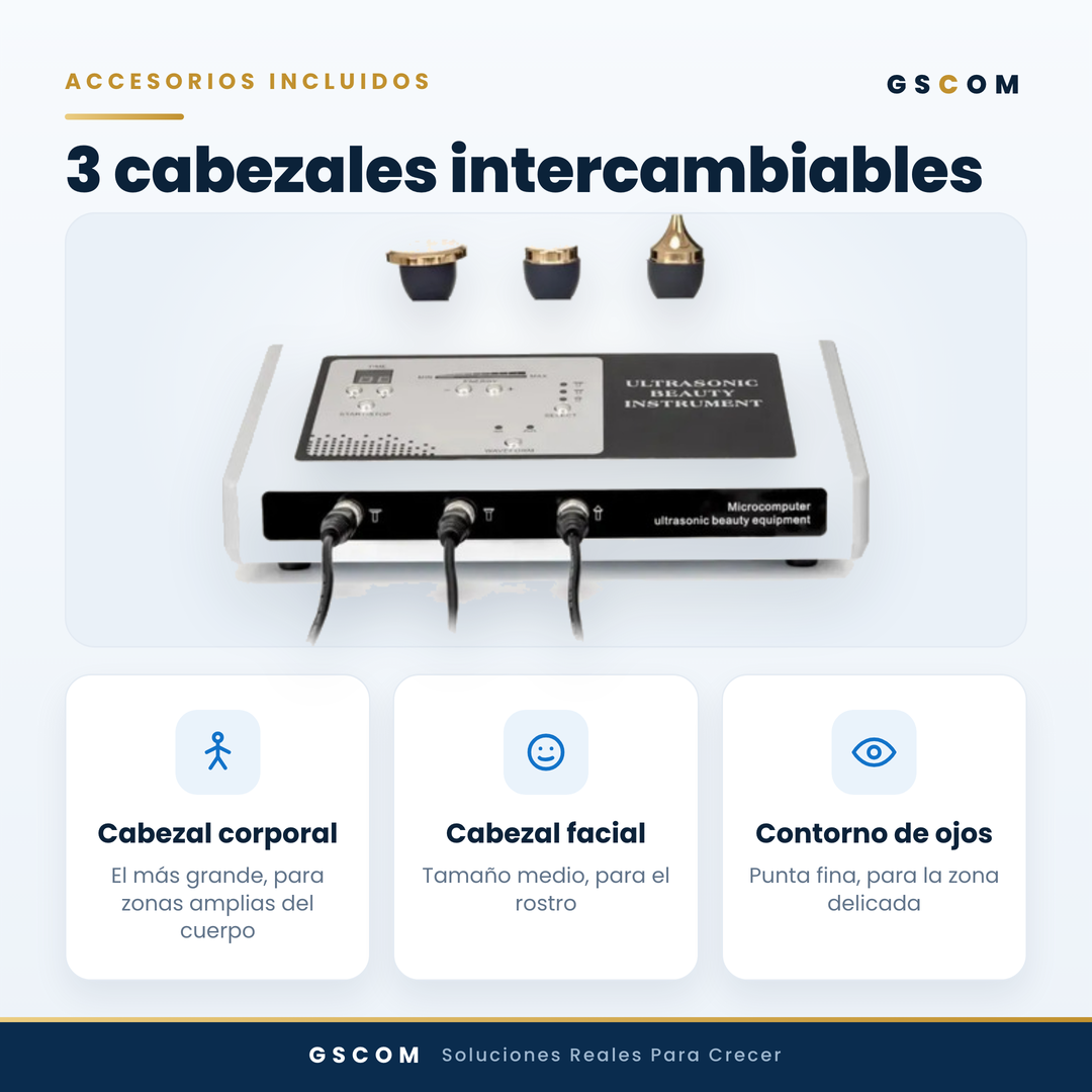 Ultrasonido Facial Profesional 1 MHz Cosmético 3 Cabezales — Rostro y Cuerpo | GSCOM