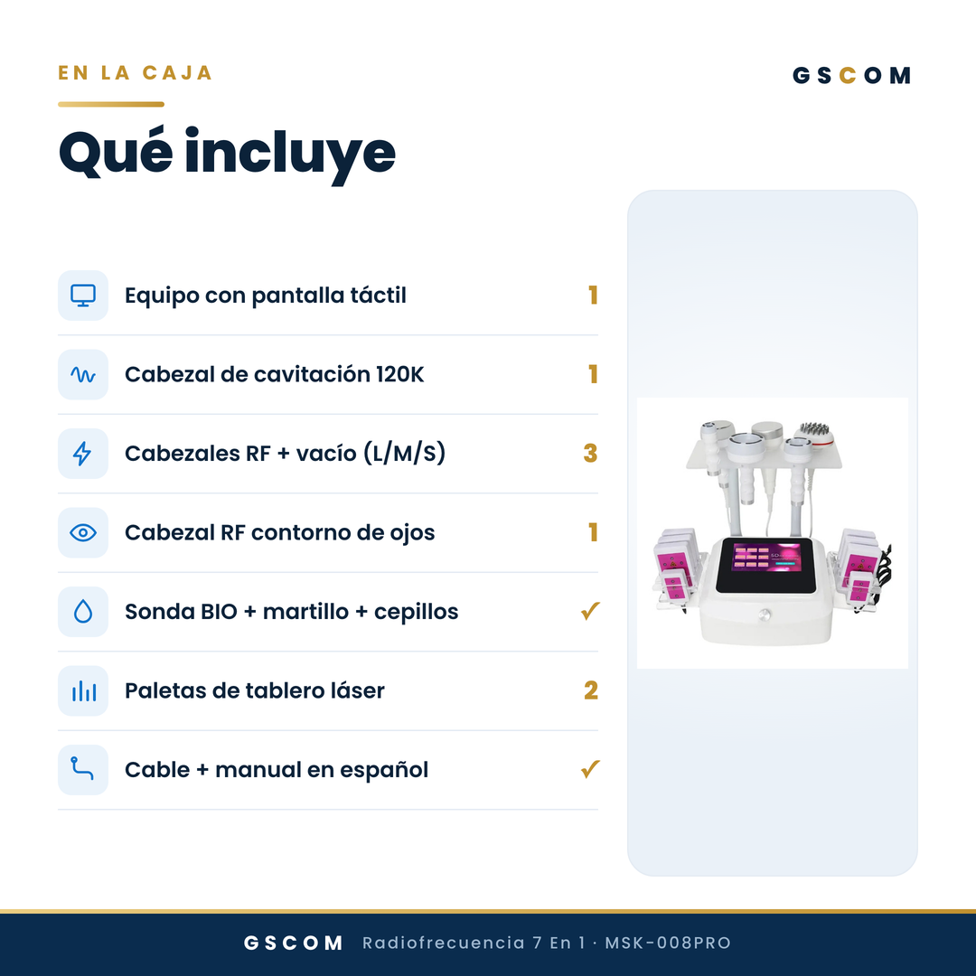 Equipo 7 en 1 Radiofrecuencia y Cavitación 5D 120K con Lipoláser Profesional — Facial y Corporal | GSCOM