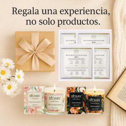 Premium Spa Set: 2 Candles with Sandalwood and Freesia Essential Oils + 4 15-in-1 Masks with Stem Cells, Collagen, Argan, and Ceramides | Vegan