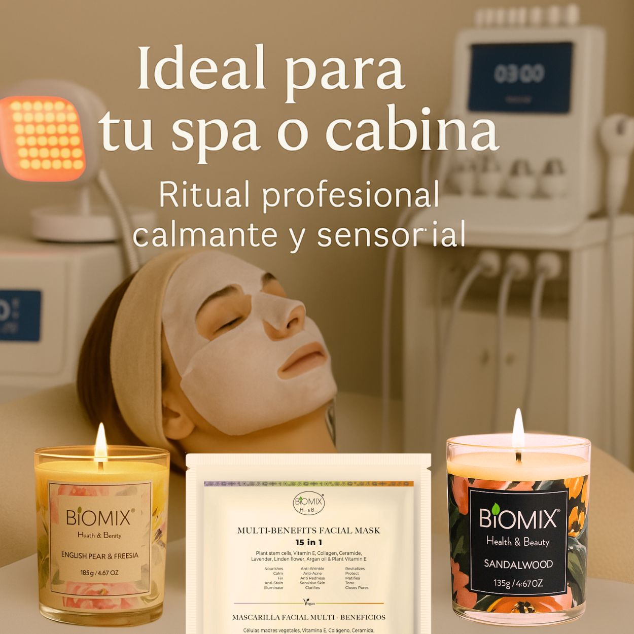 Premium Spa Set: 2 Candles with Sandalwood and Freesia Essential Oils + 4 15-in-1 Masks with Stem Cells, Collagen, Argan, and Ceramides | Vegan