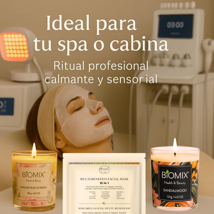 Premium Spa Set: 2 Candles with Sandalwood and Freesia Essential Oils + 4 15-in-1 Masks with Stem Cells, Collagen, Argan, and Ceramides | Vegan