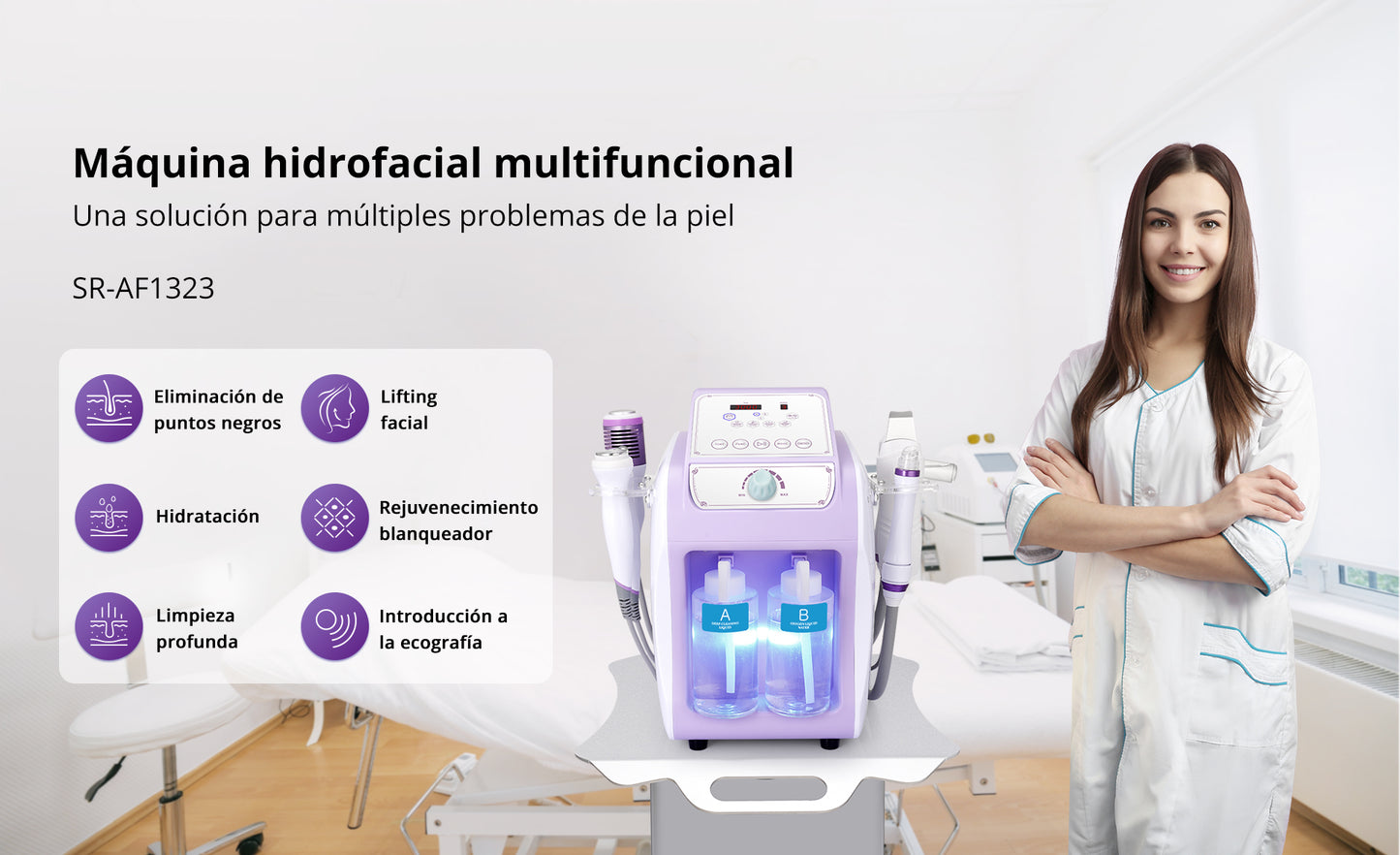 Equipo Profesional de Limpieza Facial 6 en 1  Hydrodermoabrasión, Peeling Ultrasónico, Martillo Frío-Calor, BIO, Spray Atomizador y Radiofrecuencia Facial Reafirmante