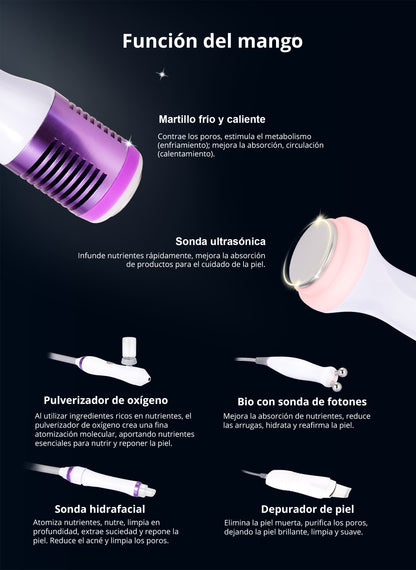 Equipo Profesional de Limpieza Facial 6 en 1  Hydrodermoabrasión, Peeling Ultrasónico, Martillo Frío-Calor, BIO, Spray Atomizador y Radiofrecuencia Facial Reafirmante