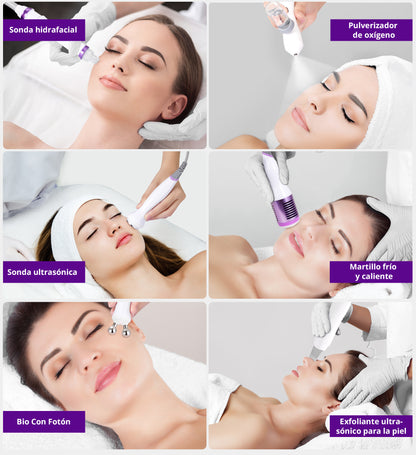 Equipo Profesional de Limpieza Facial 6 en 1  Hydrodermoabrasión, Peeling Ultrasónico, Martillo Frío-Calor, BIO, Spray Atomizador y Radiofrecuencia Facial Reafirmante