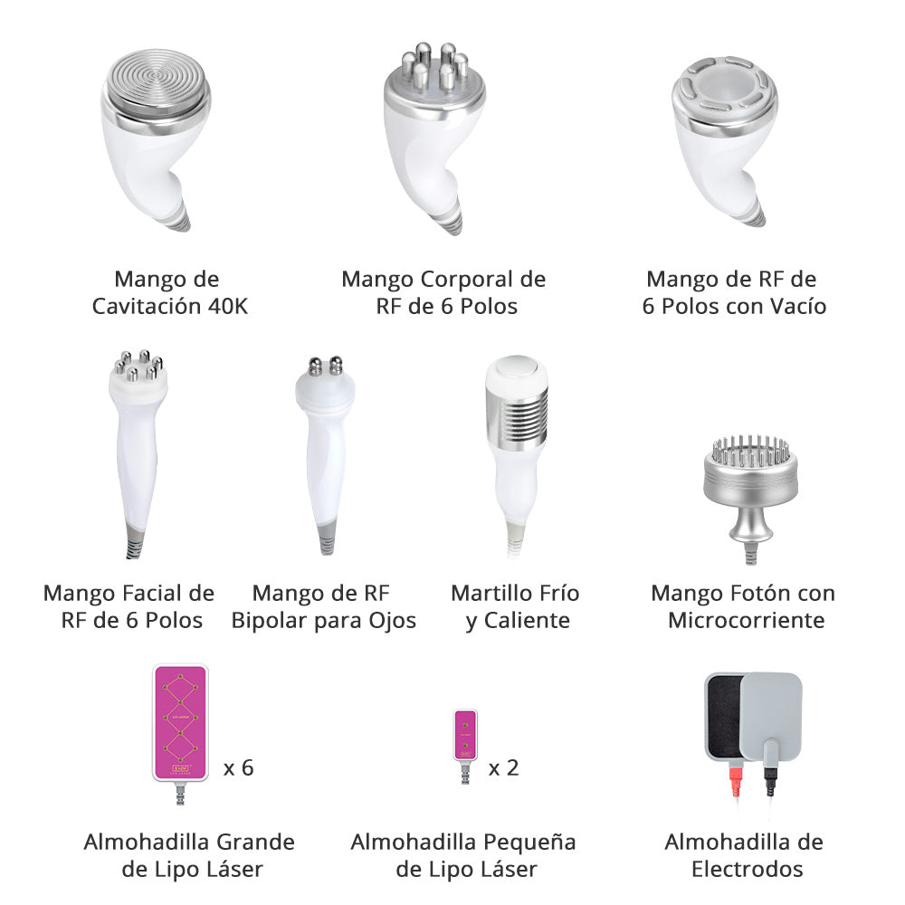 Equipo Estético 10 en 1: Radiofrecuencia Facial y Corporal, Cavitación 40K, Lipo Láser, Vacum RF, EMS, Martillo Frío/Calor, BIO y LED