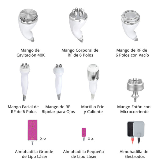 Equipo Estético 10 en 1: Radiofrecuencia Facial y Corporal, Cavitación 40K, Lipo Láser, Vacum RF, EMS, Martillo Frío/Calor, BIO y LED