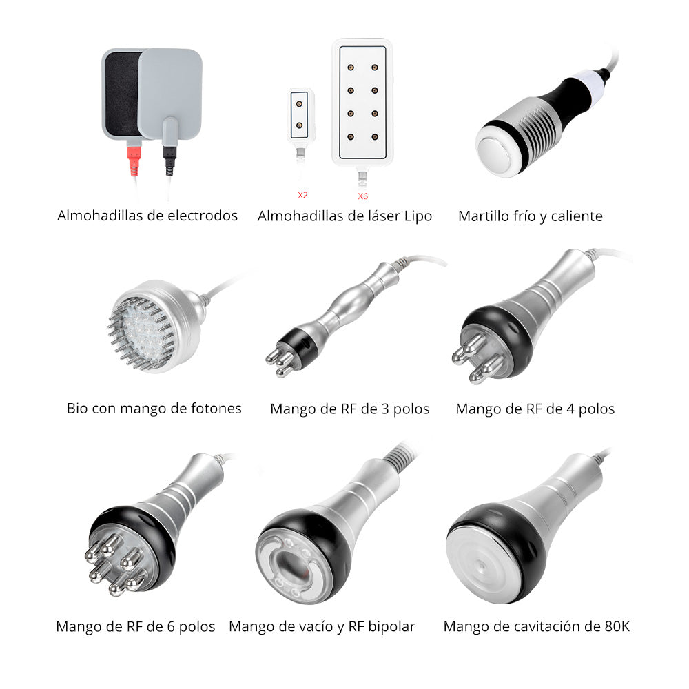 Equipo Estético Profesional de Radiofrecuencia 9 en 1 con Cavitación 80K, Vacum, Lipo Láser, RF Corporal y Facial, EMS LED, Martillo Frío/Calor, BIO y Ojos