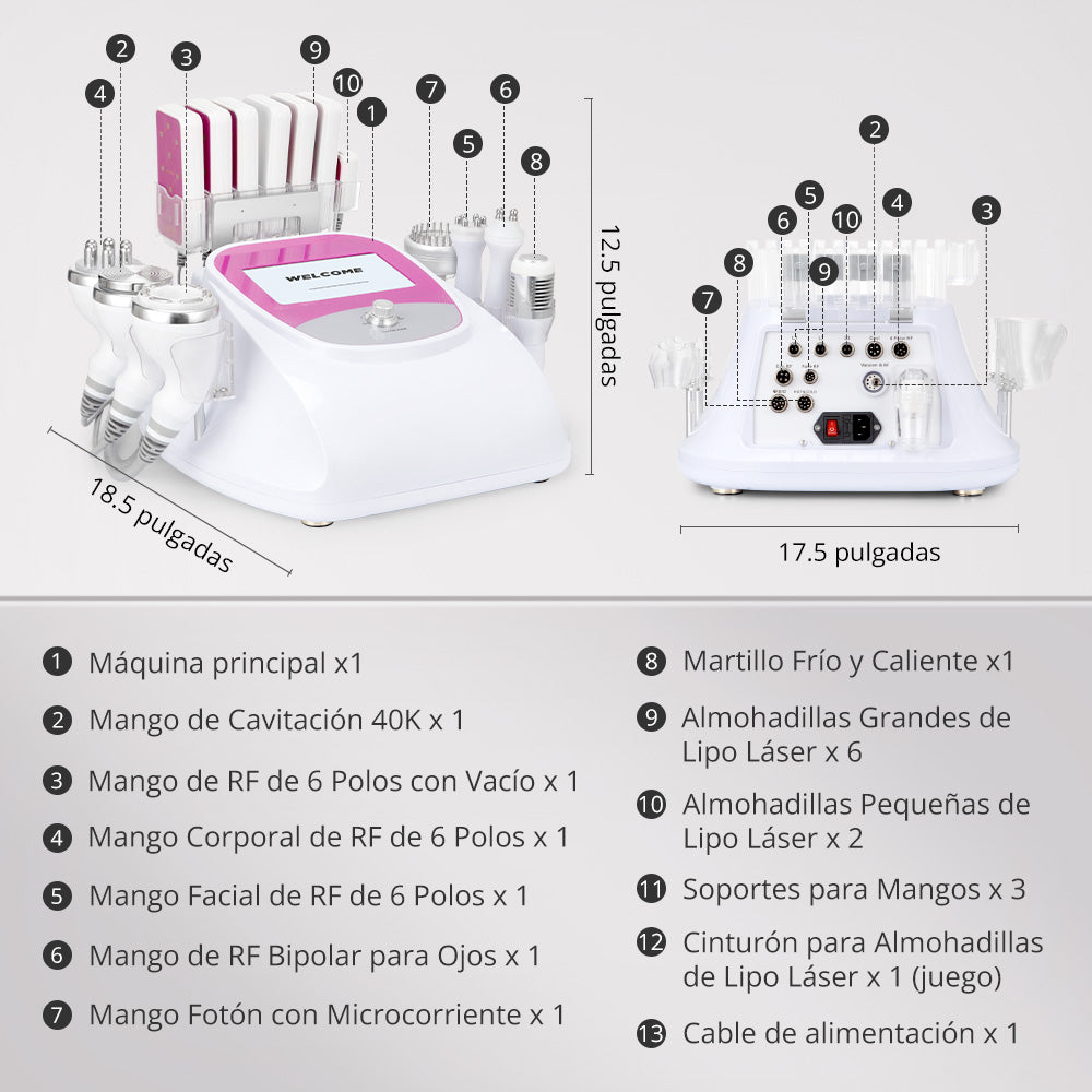 Multifunctional Radiofrequency Pro 9 in 1 Cavitation 40K, Cold/Hot RF, BIO+LED, Vacuum, Lipo Laser, Facial and Body Lifting