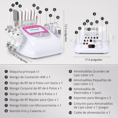 Equipo Estético 10 en 1: Radiofrecuencia Facial y Corporal, Cavitación 40K, Lipo Láser, Vacum RF, EMS, Martillo Frío/Calor, BIO y LED