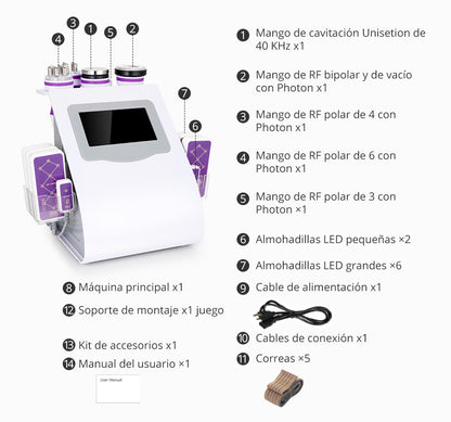 Multifunconal 6 en 1 de Cavitación Ultrasónica 40K, Radiofrecuencia, Vacum y Lipolaser de Alta Precisión