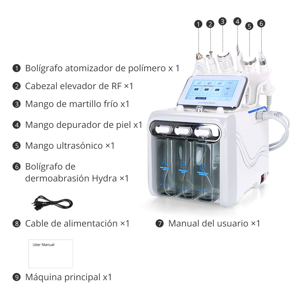 Máquina Hidrofacial 6 en 1  Limpieza Profunda, Microdermoabrasión, Radiofrecuencia, Ultrasonido, Pulverizador, Terapia Fría – Profesional para Spa y Estética