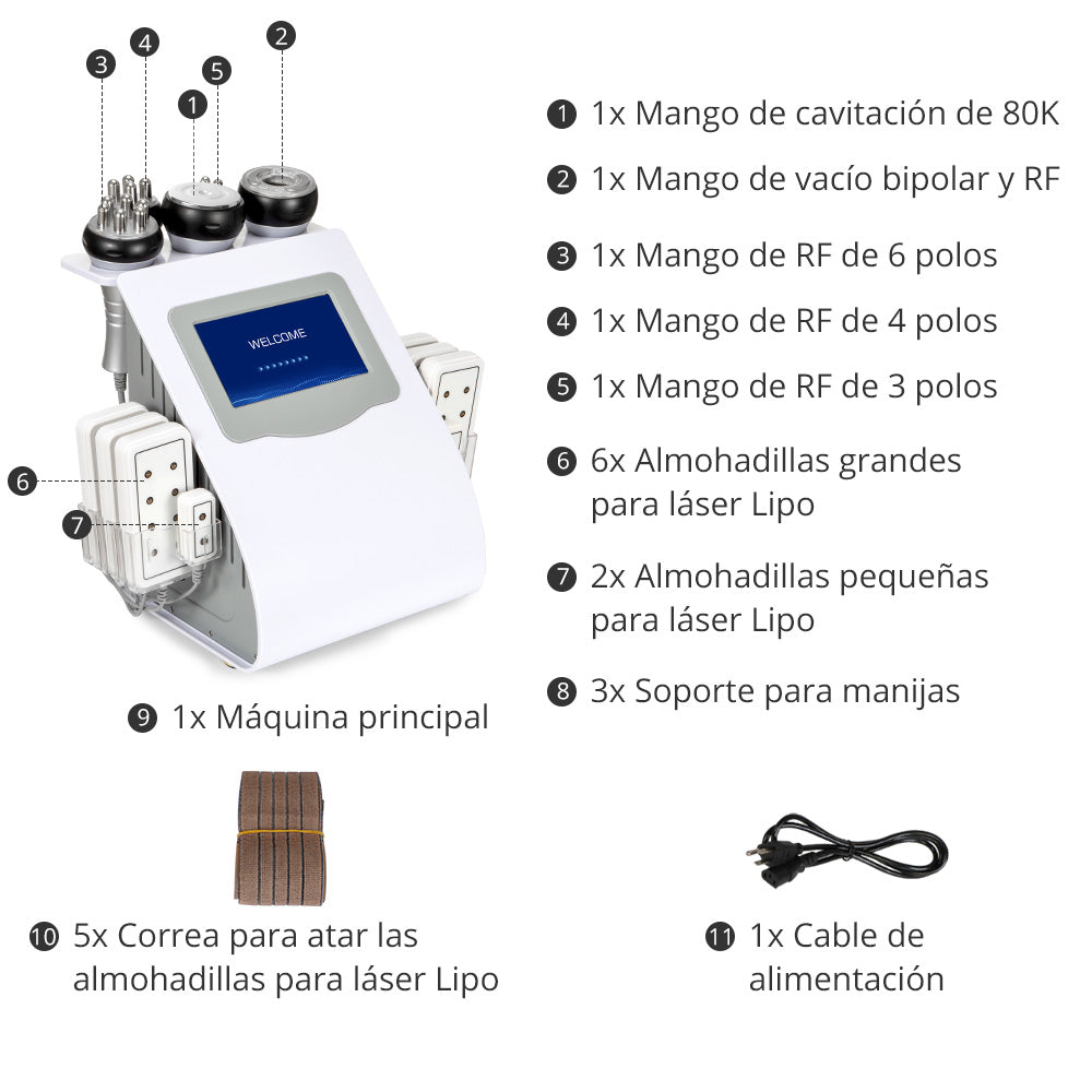 Equipo Estético Profesional 6 en 1 con Cavitación 80K, Vacuum RF, LipoLáser 635 nm, RF Facial y Corporal, Ojos RF