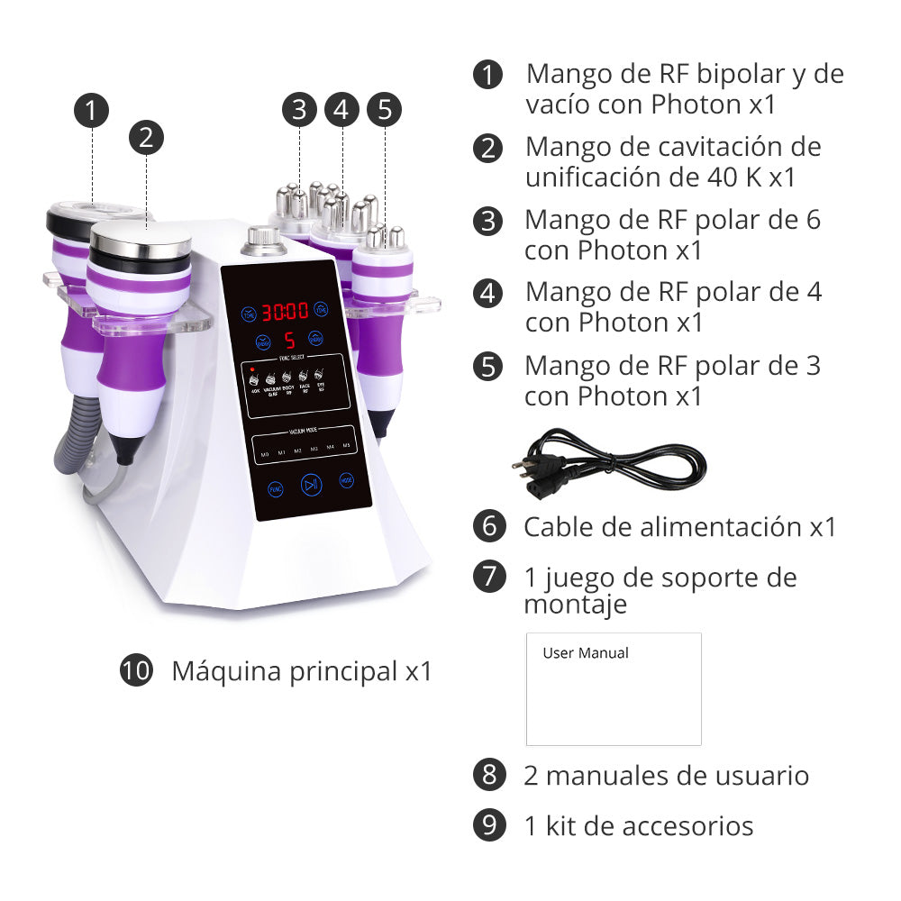 Multifunciona Portátil de 5 en 1 con Cavitación  2.5 de 40K, Radiofrecuencia Facial y Corporal, Vacuum RF, LED y Terapia de Succión para SPA en Casa o Cabina